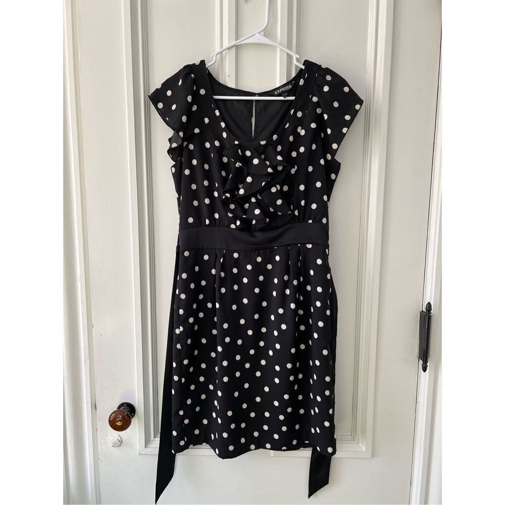 Express black w/cream polka dotted flutter sleeve dress 4